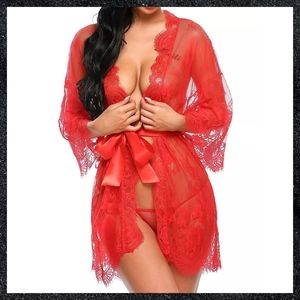 Red Sheer Floral Lace Robe